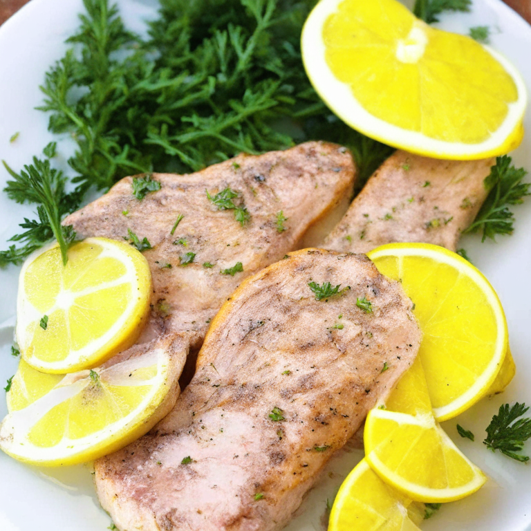 Mediterranean Pork Chops with Lemon and Thyme on a white plate, with lemon slices and thyme on top