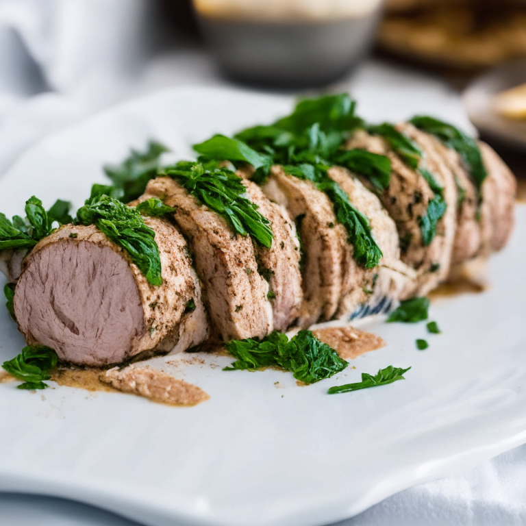 Greek-Style Stuffed Pork Tenderloin with Feta and Spinach on a white plate, with feta and spinach stuffing on top