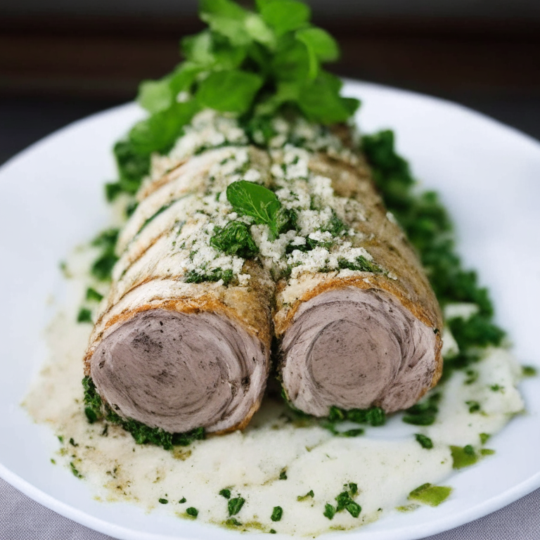 Greek-Style Stuffed Pork Tenderloin with Feta and Spinach on a white plate, with feta and spinach stuffing on top