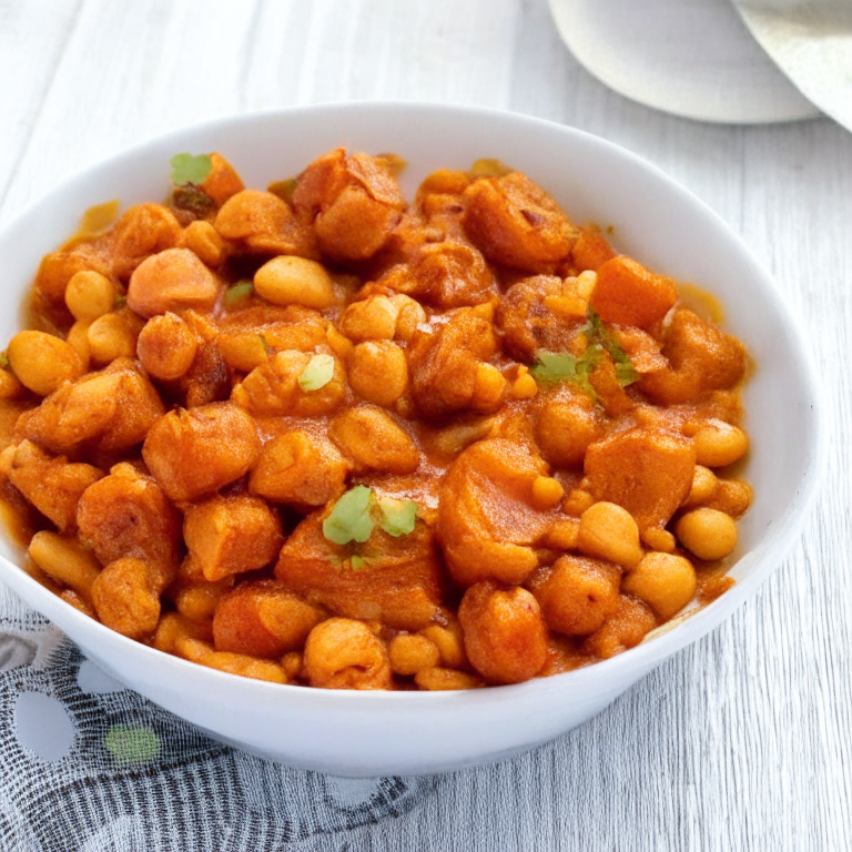 Spanish Pork and Chickpea Stew with Chorizo in a bowl, with pork, chickpeas, and chorizo on top