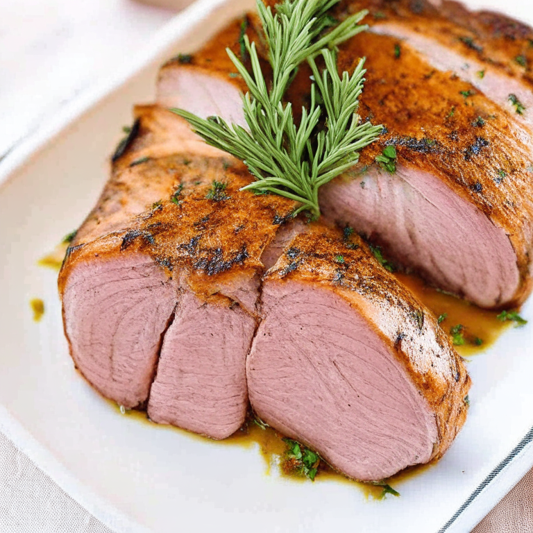 Roasted Pork Loin with Rosemary and Garlic on a white plate, with rosemary and garlic on top