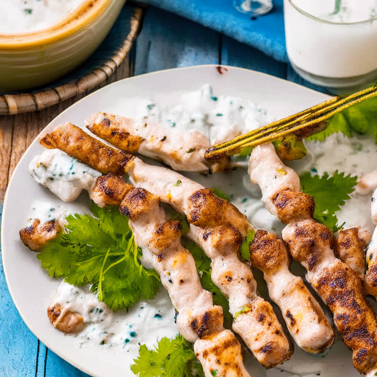 Moroccan-Spiced Pork Kebabs with Yogurt Sauce on a plate, with yogurt sauce on the side