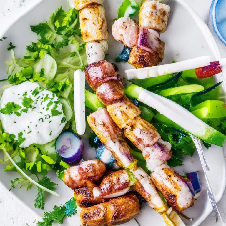 Mediterranean Pork and Vegetable Skewers with Tzatziki on a plate, with tzatziki on the side