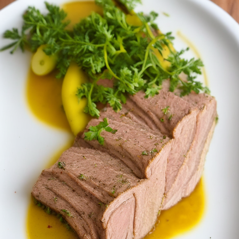 Pork Tenderloin with Dijon Mustard and Herbs de Provence on a white plate, with dijon mustard and herbs de provence on top