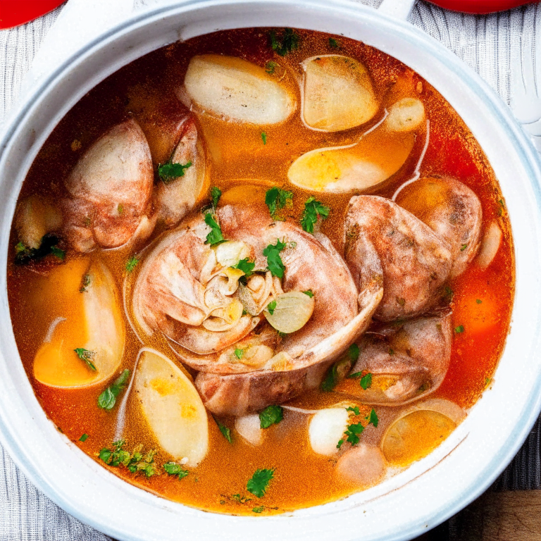 Portuguese Pork and Clam Stew with White Wine and Paprika in a bowl, with pork, clams, and paprika on top