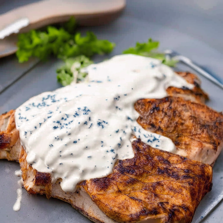 Grilled Pork Chops with Sumac and Yogurt Sauce on a white plate, with sumac and yogurt sauce on top