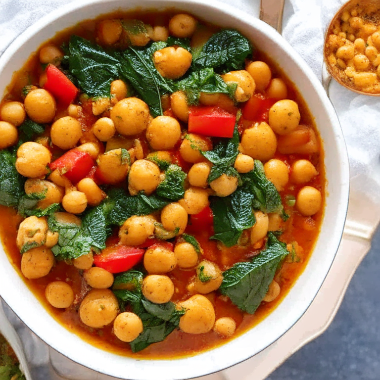 Mediterranean Chickpea Stew with Tomatoes and Spinach in a bowl, with chickpeas, tomatoes, and spinach on top