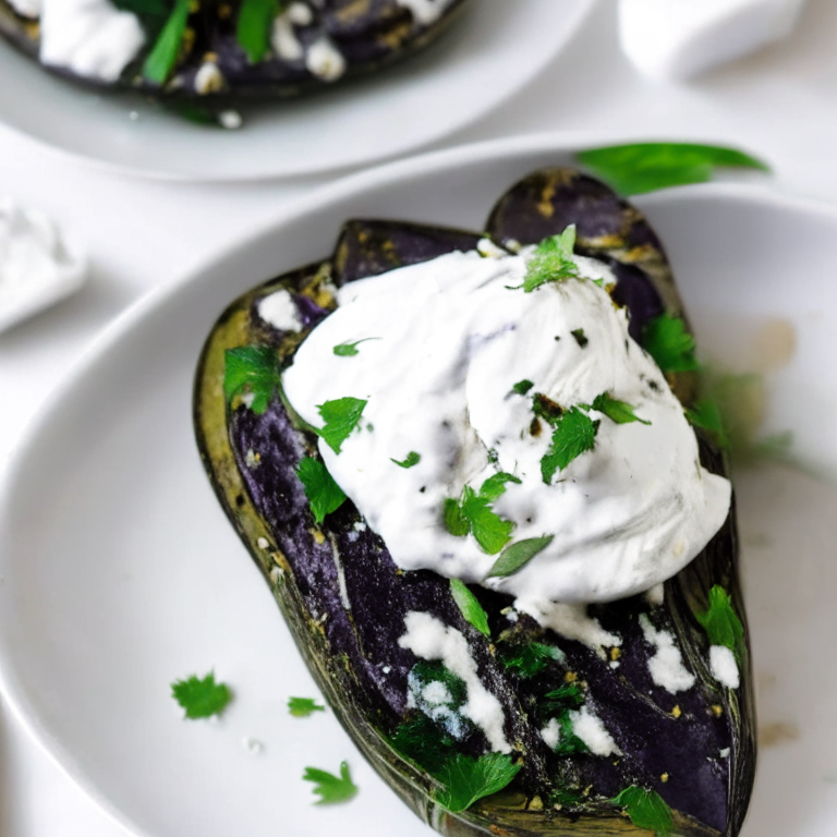 Roasted Eggplant with Feta and Mint Yogurt Sauce on a white plate, with feta and mint yogurt sauce on top