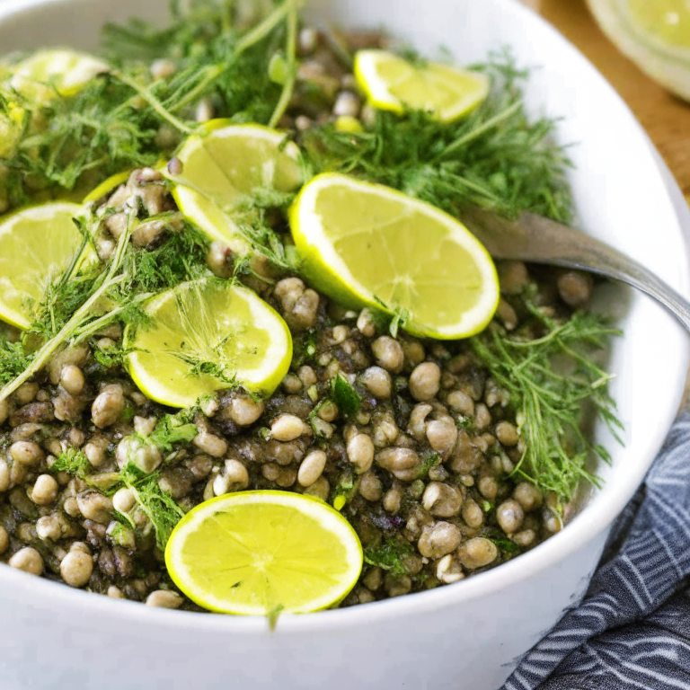 Mediterranean Lentil Salad with Lemon and Dill Dressing in a bowl, with lentils, lemon, and dill on top