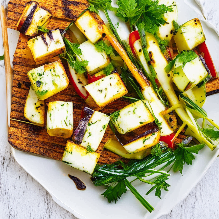 Grilled Halloumi Cheese and Vegetable Skewers with Herb Vinaigrette on a plate, with herb vinaigrette on the side