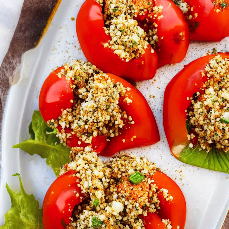 Stuffed Bell Peppers with Quinoa, Feta, and Sun-Dried Tomatoes on a white plate, with quinoa, feta, and sun-dried tomatoes on top