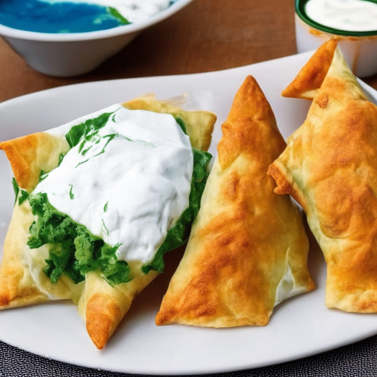 Spinach and Feta Filo Triangles with Tzatziki Sauce on a plate, with tzatziki sauce on the side