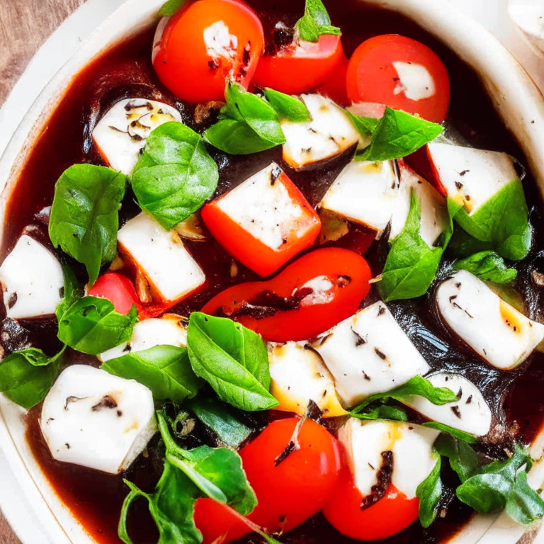 Tomato and Mozzarella Salad with Balsamic Glaze and Basil in a bowl, with tomatoes, mozzarella, balsamic glaze, and basil on top