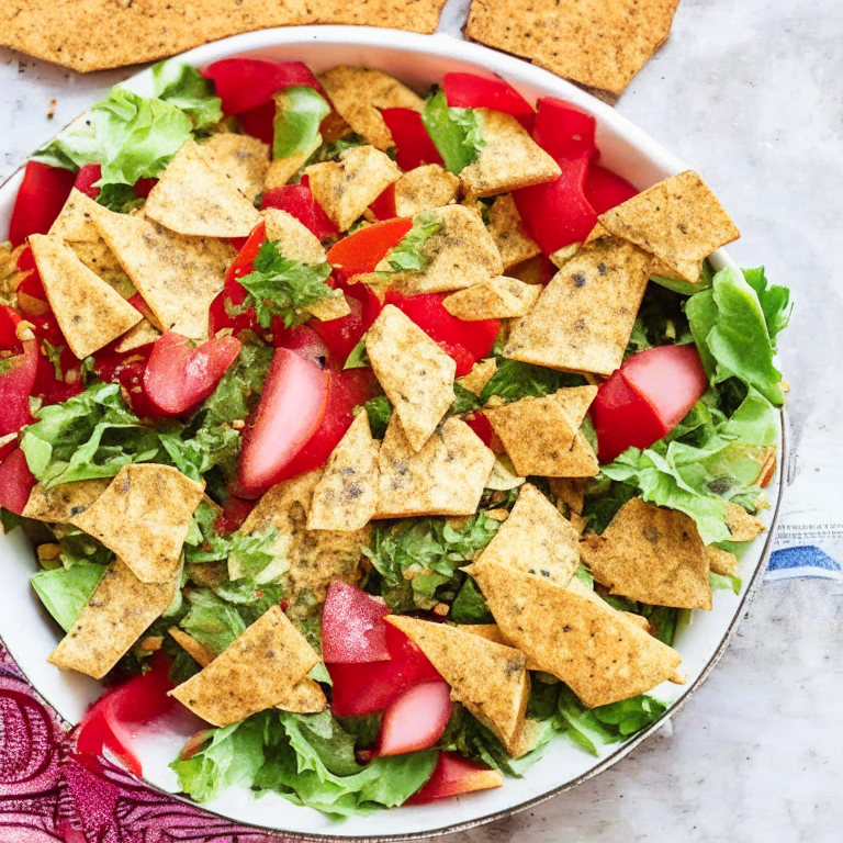 Lebanese Fattoush Salad with Crispy Pita Chips in a bowl, with crispy pita chips on top