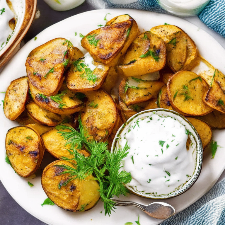 Greek-Style Roasted Lemon Potatoes with Tzatziki Sauce on a plate, with tzatziki sauce on the side