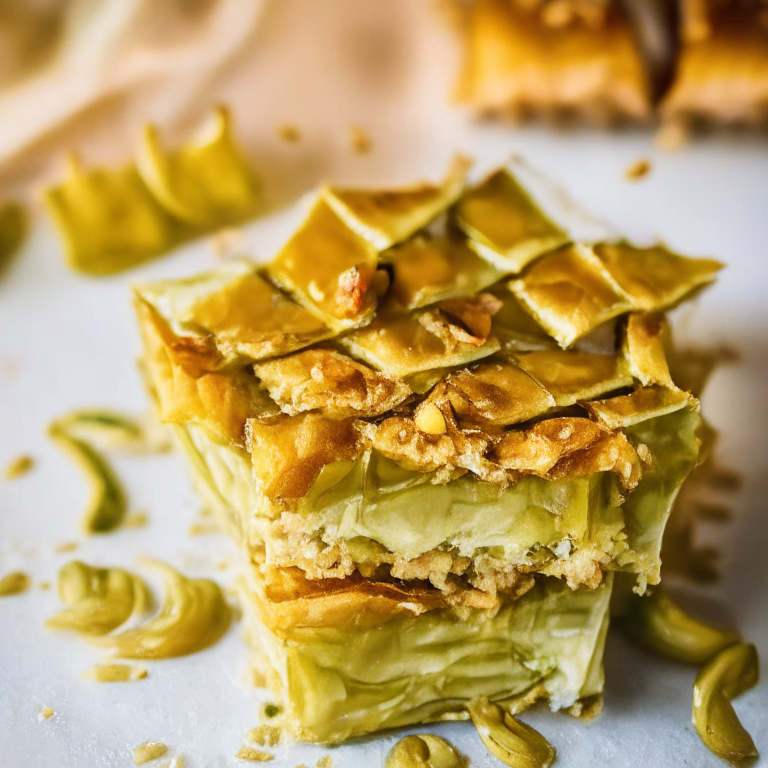 a plate of honey and pistachio baklava, with layers of flaky phyllo pastry and a sprinkle of chopped pistachios