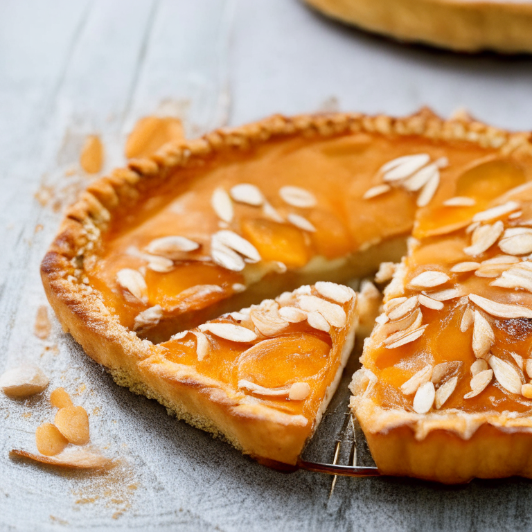 a slice of apricot and almond tart, with a flaky crust and a sprinkle of sliced almonds