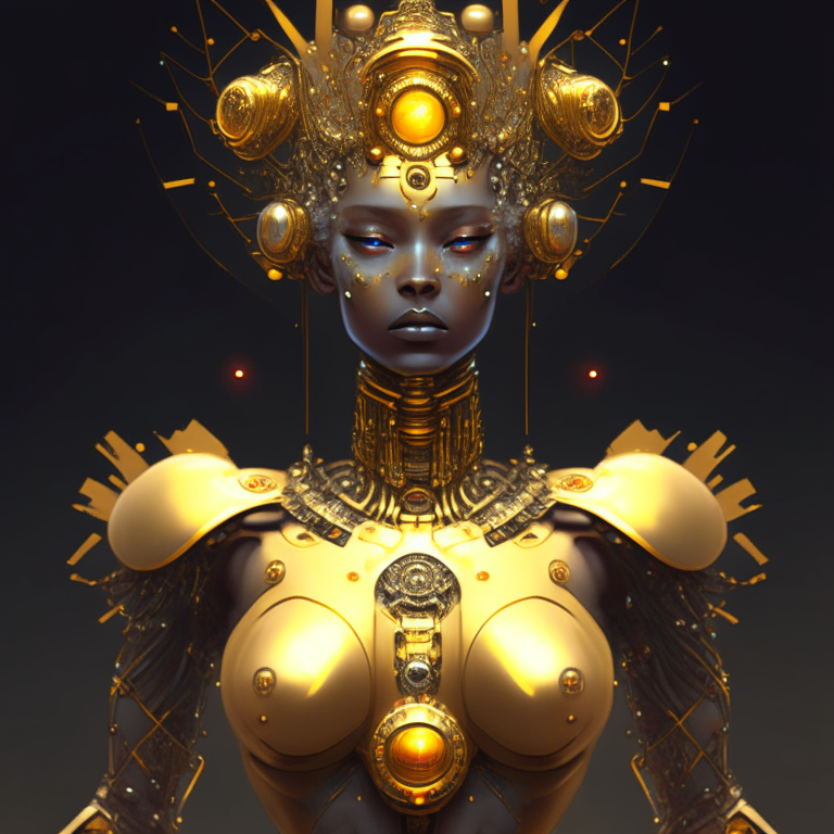 a robot female with a golden body and a crown of jewels, looking straight ahead