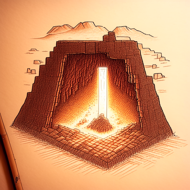 a Minecraft dirt miner mining dirt in front of a Nether portal drawn in pencil