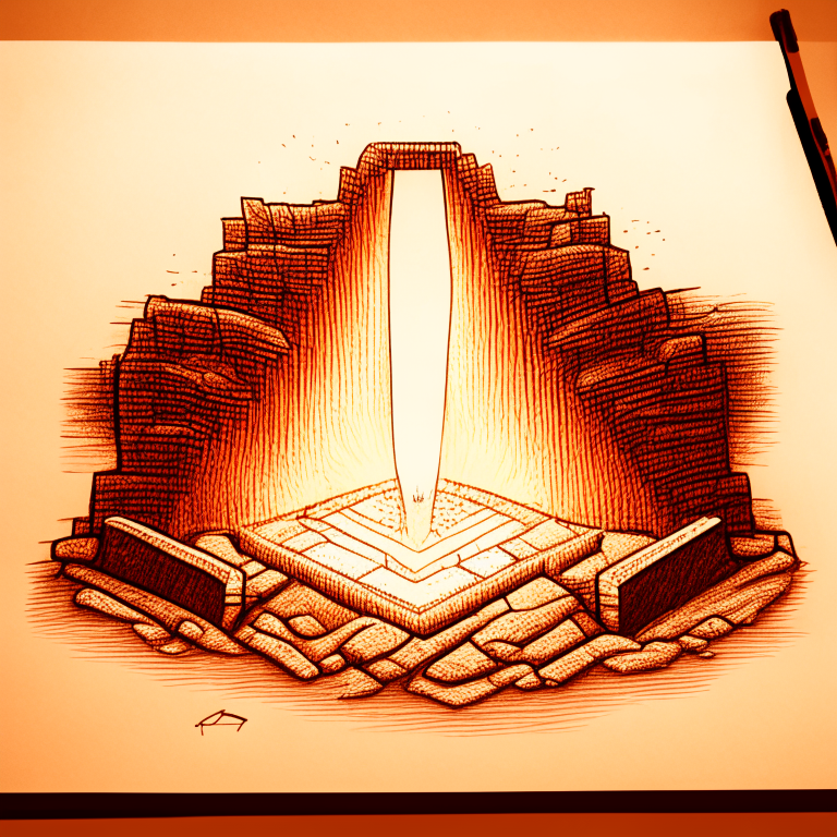 a Minecraft dirt miner mining dirt in front of a Nether portal drawn in pencil, with a block person with a shovel digging