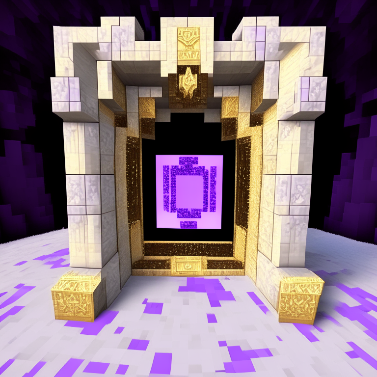 a Minecraft Nether portal with gold filigree, white marble, and a purple portal