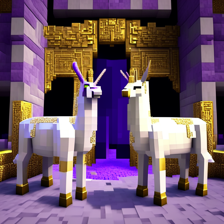 two llamas in a Minecraft-style world with gold filigree, white marble, and a purple portal