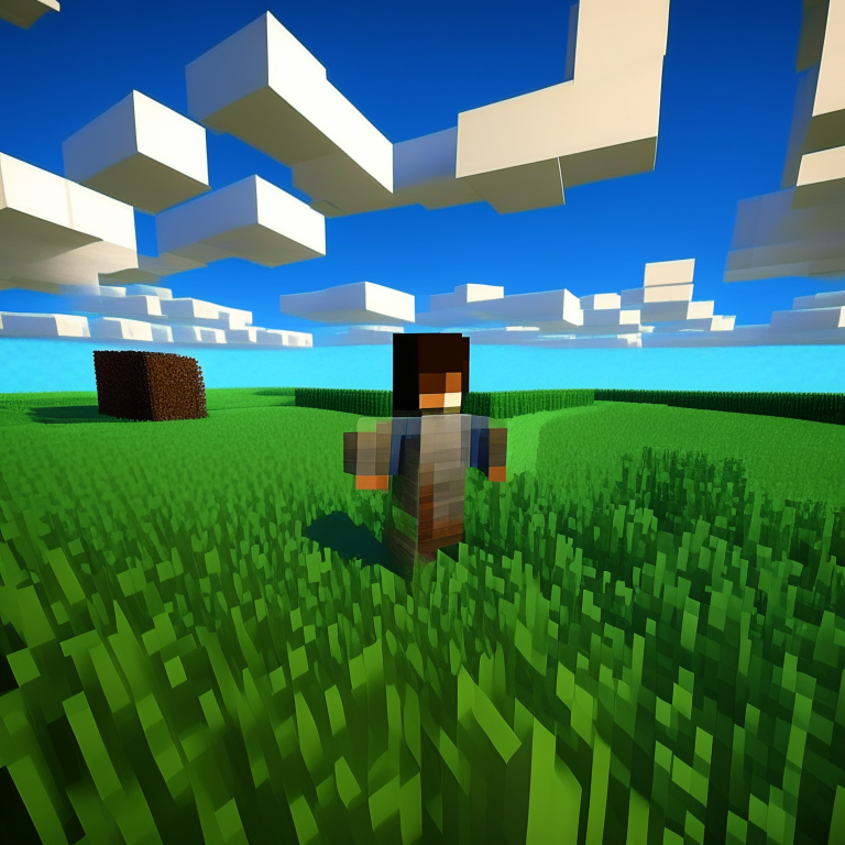 Minecraft Alex standing in the foreground of a Minecraft scene with grass and sky, in a similar pose to the provided image