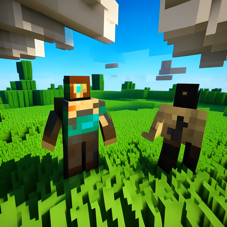 Minecraft Steve and Alex standing in the foreground of a Minecraft scene with grass and sky, with Alex in a similar pose to the provided image