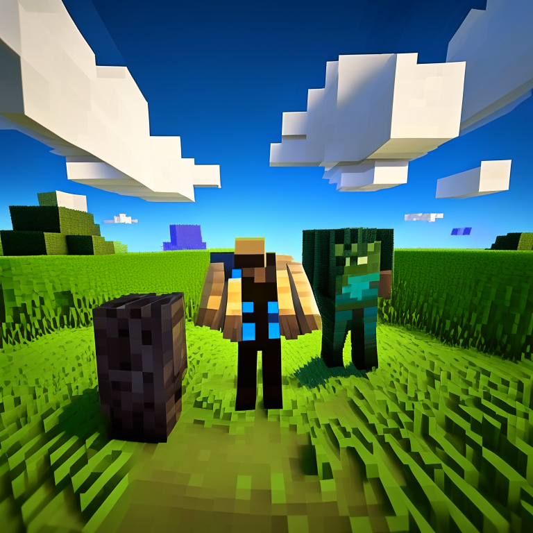 Minecraft Steve and Alex standing in the foreground of a Minecraft scene with grass and sky, with a Nether portal made of obsidian blocks behind them