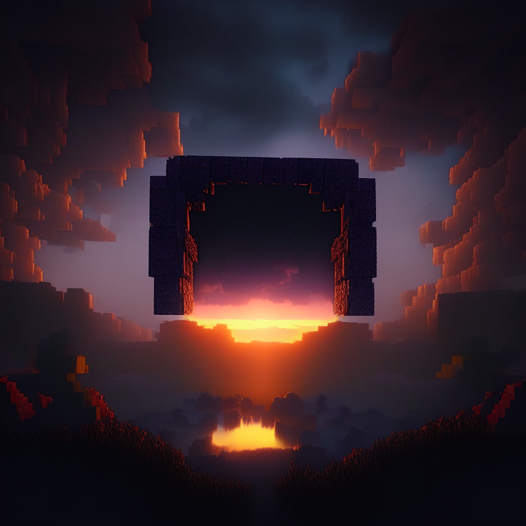 a Minecraft scene at dawn with dark clouds and a Nether portal, with a dangerous atmosphere