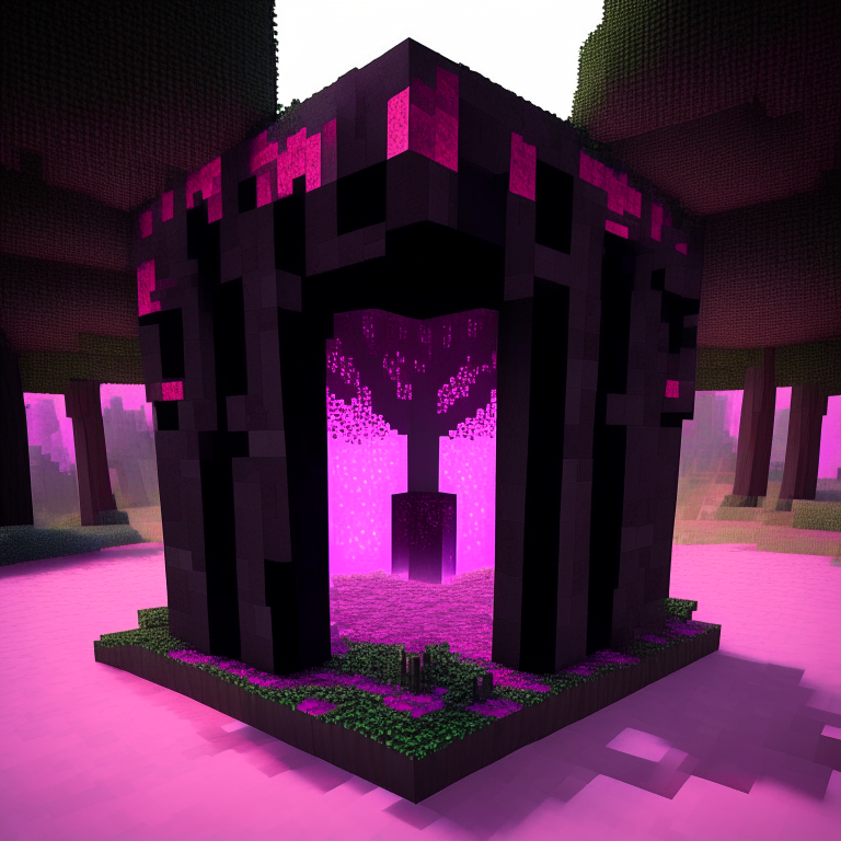 a Minecraft Nether portal made of obsidian, with square trees that are pink on top