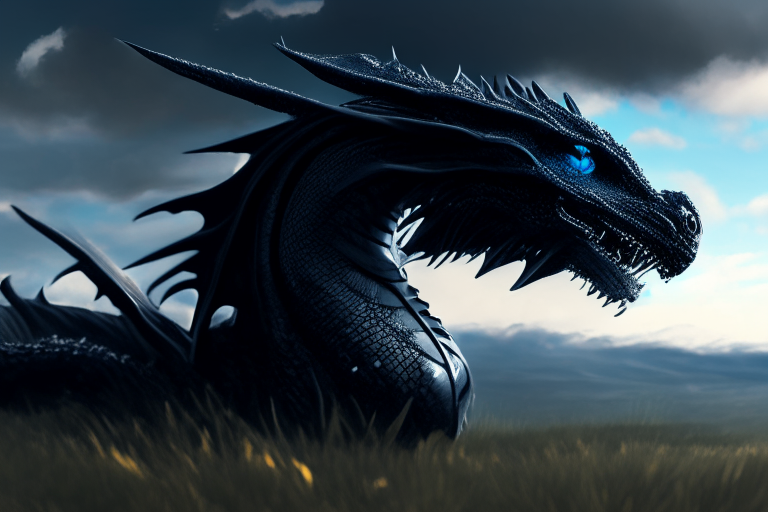 an obsidian black dragon in a grass field under a blue sky with square clouds