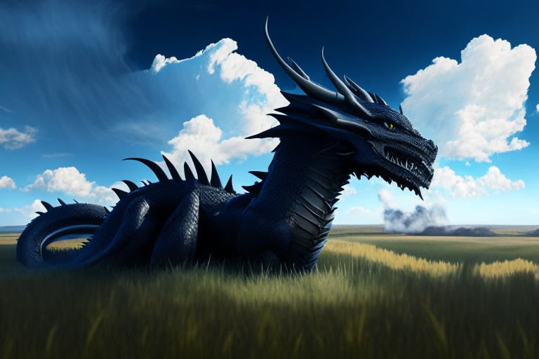 an obsidian black dragon in the background of a grass field under a blue sky with square clouds