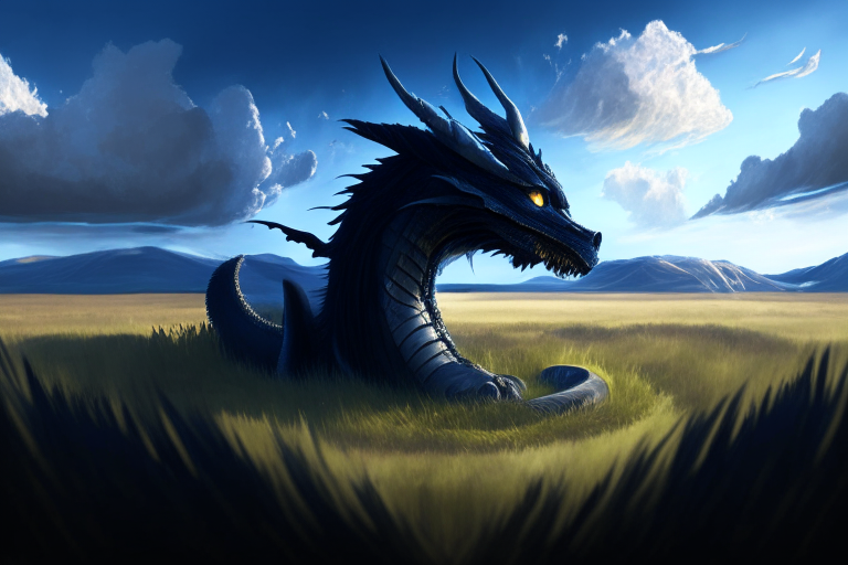 an obsidian black dragon in the background of a grass field under a blue sky with square clouds, with a Nether portal to the left