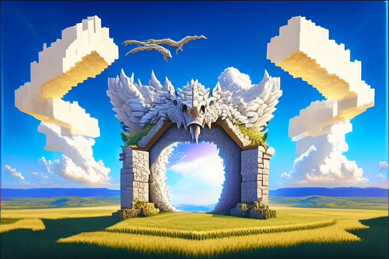 a rectangular Nether portal in a baroque style, with a big dragon in the background, a meadow, blue sky, sun, and square white clouds like in Minecraft