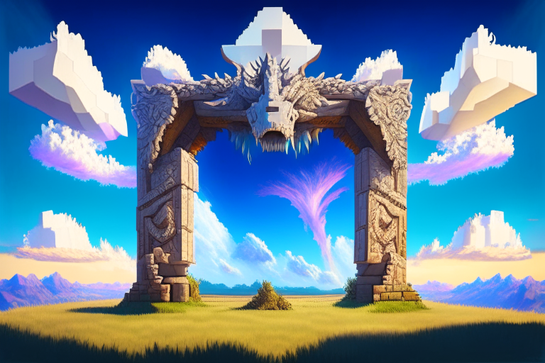 a rectangular Nether portal in a baroque style, with a big dragon in the background, a meadow, blue sky, sun, and square white clouds like in Minecraft