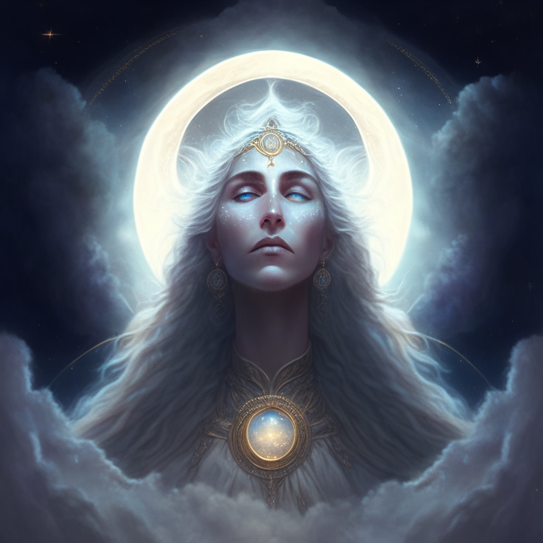 an ultra realistic and detailed portrait of a wise priestess under the full moon with a magic halo around her and mystical clouds in the sky