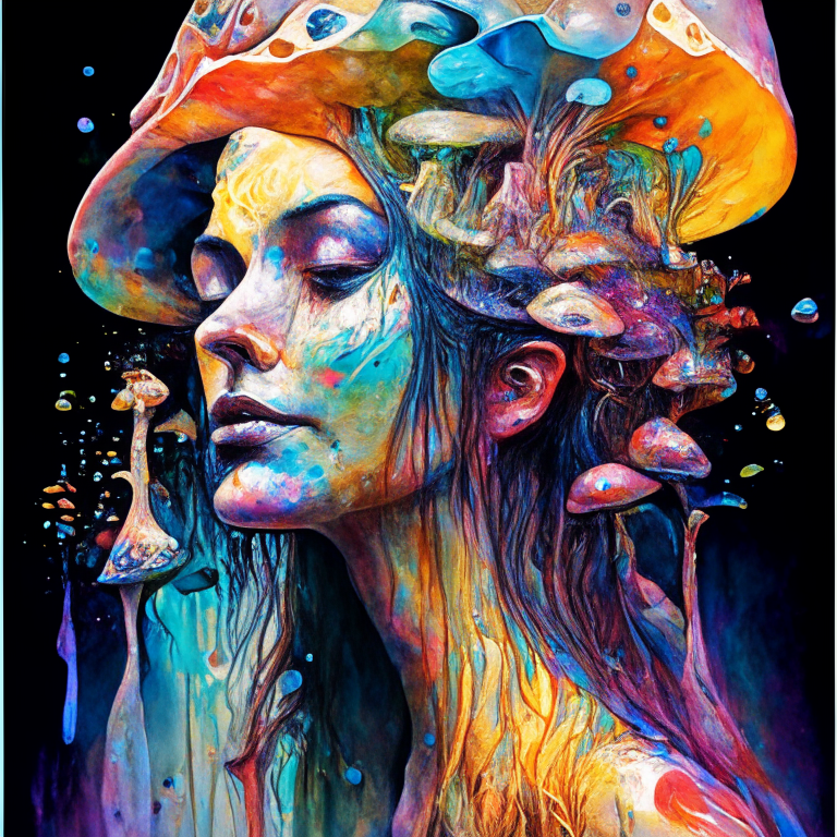 a colorful beautiful woman Queen of Fungi surrounded by Mushrooms: Rainbow ink flow: 8k resolution photorealistic masterpiece: by Aaron Horkey and Jeremy Mann: intricately detailed fluid gouache painting: by Jean Baptiste Mongue: calligraphy: acrylic: watercolor art, gemstones, professional photography, natural lighting, volumetric lighting maximalist photo illustration: by marton bobzert: 8k resolution concept art intricately detailed, complex, elegant, expansive, fantastical