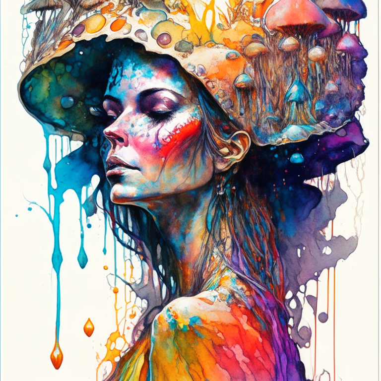 a colorful beautiful woman Queen of Fungi surrounded by Mushrooms, perfect proportions: Rainbow ink flow: 8k resolution photorealistic masterpiece: by Aaron Horkey and Jeremy Mann: intricately detailed fluid gouache painting: by Jean Baptiste Mongue: calligraphy: acrylic: watercolor art, gemstones, professional photography, natural lighting, volumetric lighting maximalist photo illustration: by marton bobzert: 8k resolution concept art intricately detailed, complex, elegant, expansive, fantastical