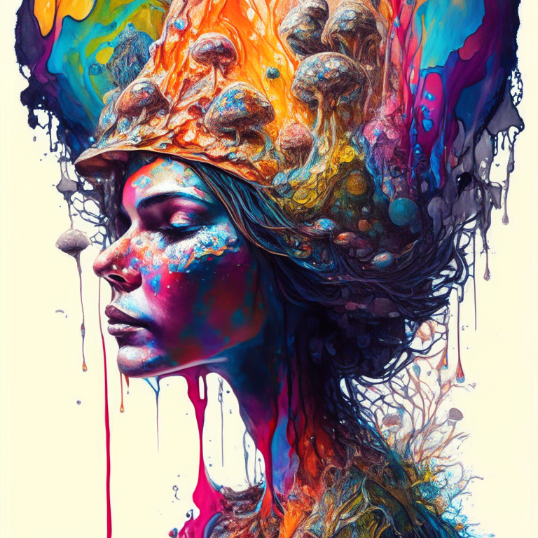 a colorful beautiful woman Queen of Fungi surrounded by Mushrooms, perfect proportions: Rainbow ink: 8k resolution photorealistic masterpiece: by Aaron Horkey and Jeremy Mann: intricately detailed fluid gouache painting: by Jean Baptiste Mongue: calligraphy: acrylic: gemstones, professional photography, natural lighting, volumetric lighting maximalist photo illustration: by marton bobzert: 8k resolution concept art intricately detailed, complex, elegant, expansive, fantastical
