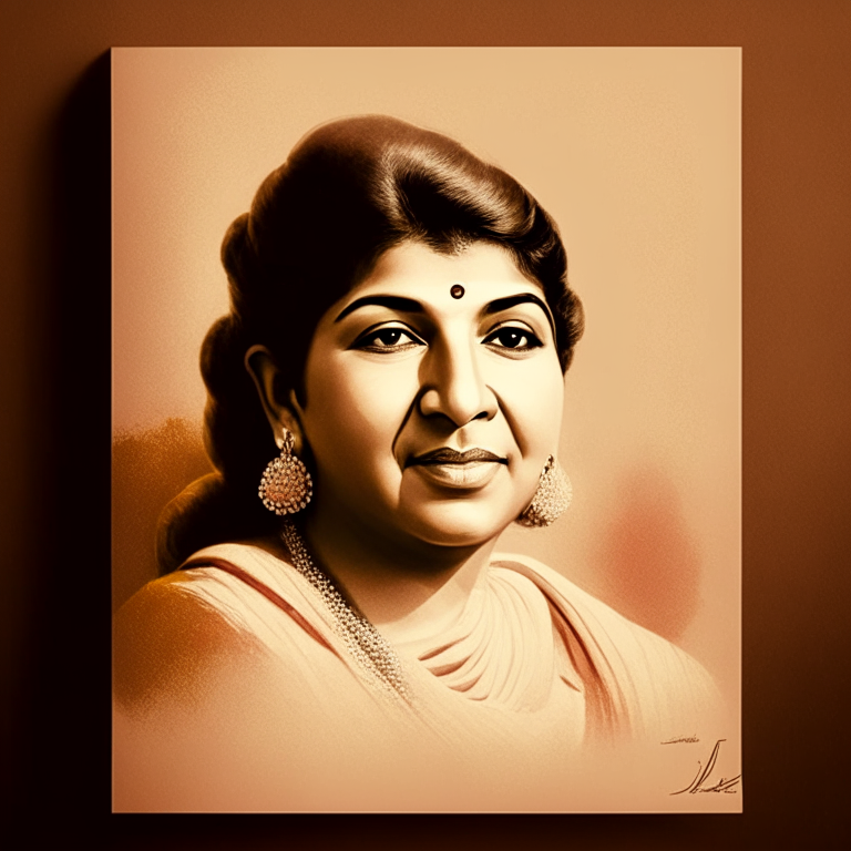 Lata Mangeshkar in a vintage-style portrait, with a soft focus and warm color tones