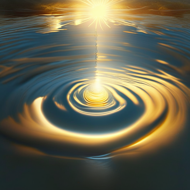 A ripple in a calm body of water, with the sun shining down on it