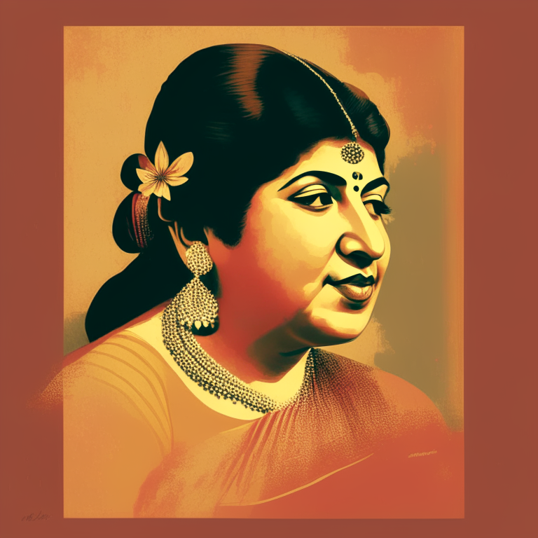 a vintage portrait of Lata Mangeshkar, with a warm and nostalgic color palette