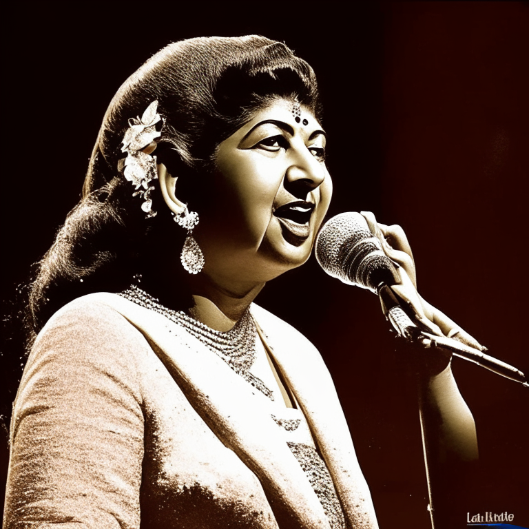 Lata Mangeshkar singing on stage with a microphone in her hand