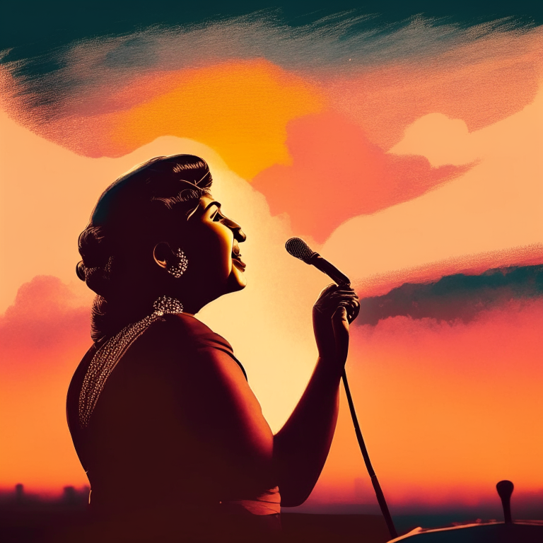a vintage-style portrait of Lata Mangeshkar singing on stage with a microphone in her hand, with a beautiful sunset sky in the background