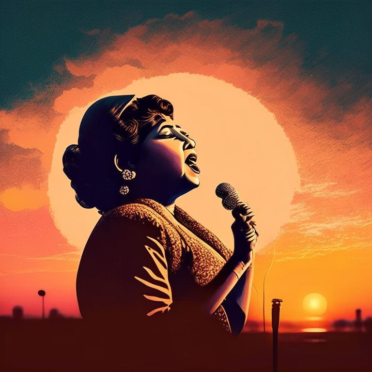 a vintage-style portrait of Lata Mangeshkar singing on stage with a microphone in her hand, with a beautiful sunset sky in the background