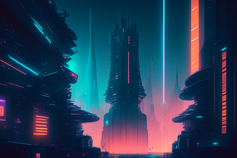 A city of the future, where robots govern without human input, with towering skyscrapers and neon lights illuminating the night.