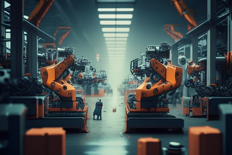 A factory with robots replacing human workers