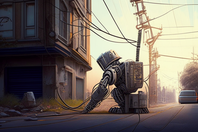 A robot repairing a power line on a city street