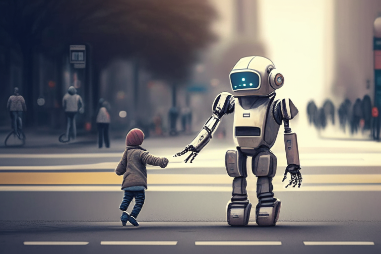 A robot holding a child's hand while crossing the street